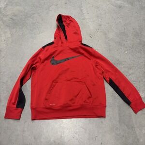 Nike Dri-Fit Hoodie Red Black Boys Size XL Big Swoosh‎ Logo Sweatshirt Pullover
